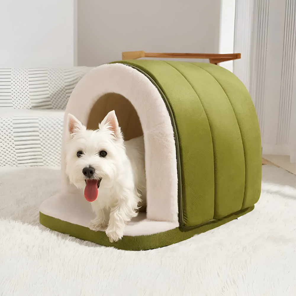 Grotte douce anti-stress pour chien, couleur verte, assurant chaleur et sécurité pour un sommeil réparateur.