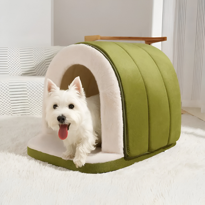 Grotte douce anti-stress pour chien, couleur verte, assurant chaleur et sécurité pour un sommeil réparateur.