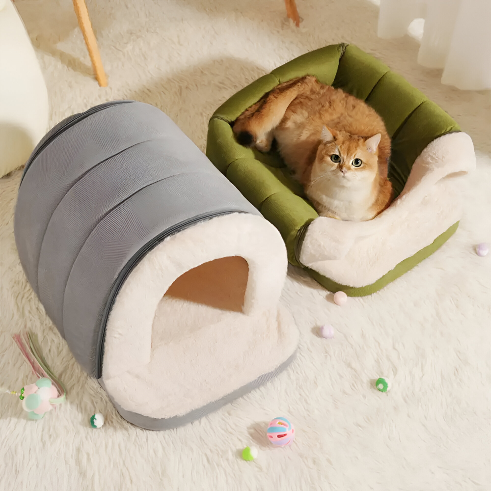 Lit 2-en-1 pour animaux, doux et lavable, conçu comme une grotte apaisante pour le bien-être du chien.