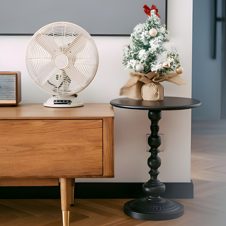 Table d'appoint ronde polyvalente, s'intègre comme table de chevet ou support décoratif dans le salon.