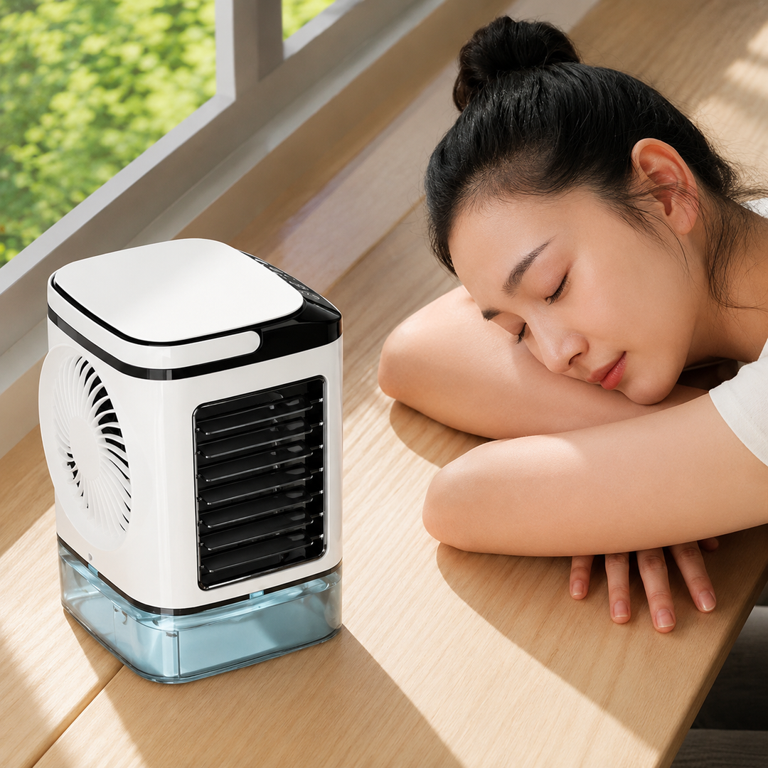 Ventilateur de bureau silencieux avec mini climatiseur USB et brumisation. Appareil USB pour un refroidissement efficace.