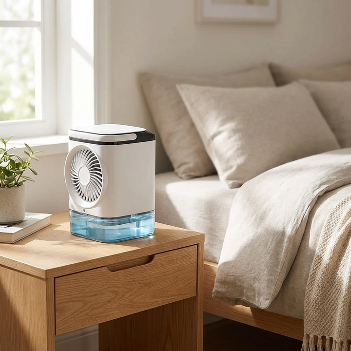 Appareil USB compact : mini climatiseur, ventilateur et brumisateur. Profitez d'un refroidissement silencieux et portable.