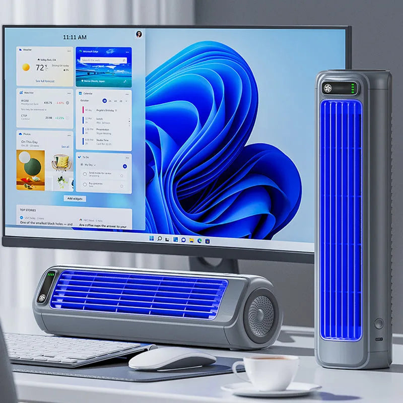 Petit climatiseur portable personnel compact bleu, idéal pour le bureau et l'été. Facile à déplacer.