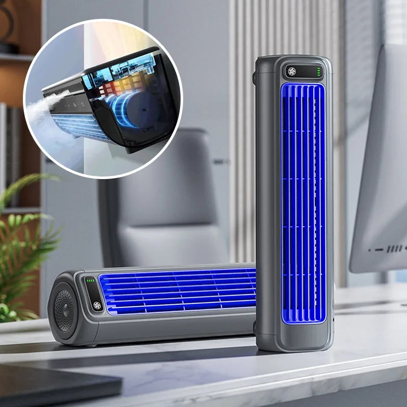 Rafraîchisseur d'air personnel compact bleu, parfait pour l'été, apporte une ventilation agréable et fraîche.