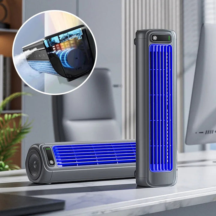 Rafraîchisseur d'air personnel compact bleu, parfait pour l'été, apporte une ventilation agréable et fraîche.