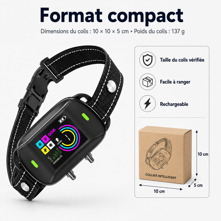Détail du collier anti-aboiement numérique, une solution moderne pour l'éducation canine et le dressage chien.