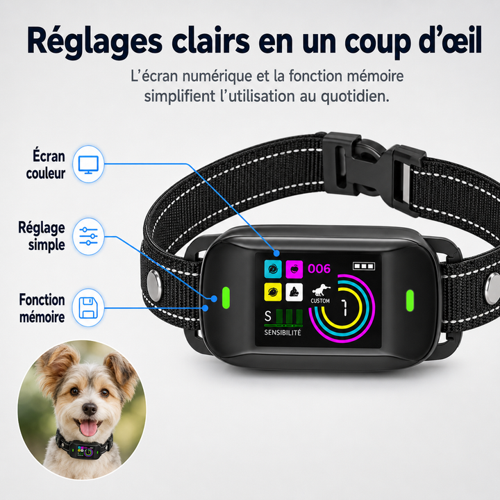 Collier éducatif anti-aboiement numérique, aidant au dressage chien pour une gestion douce des aboiements.