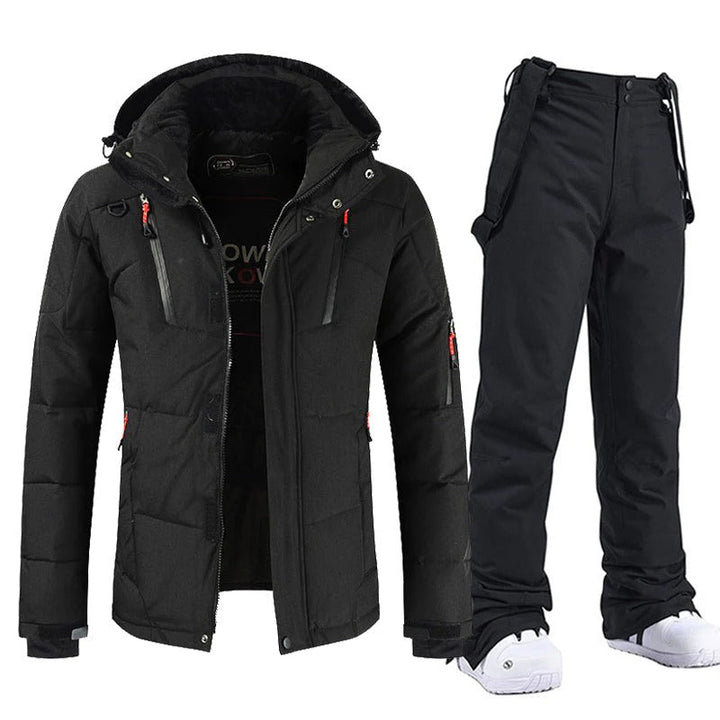 Ensemble ski homme veste + salopette, chaud et respirant. Parfait pour le snowboard ou ski alpin en montagne.