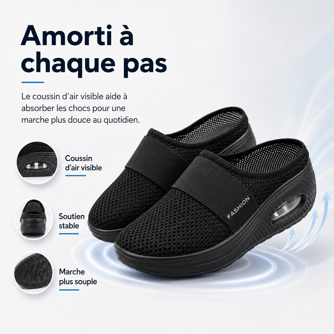 Chaussures femme roses à coussin d'air, ultra-confortables pour soulager les douleurs aux pieds.