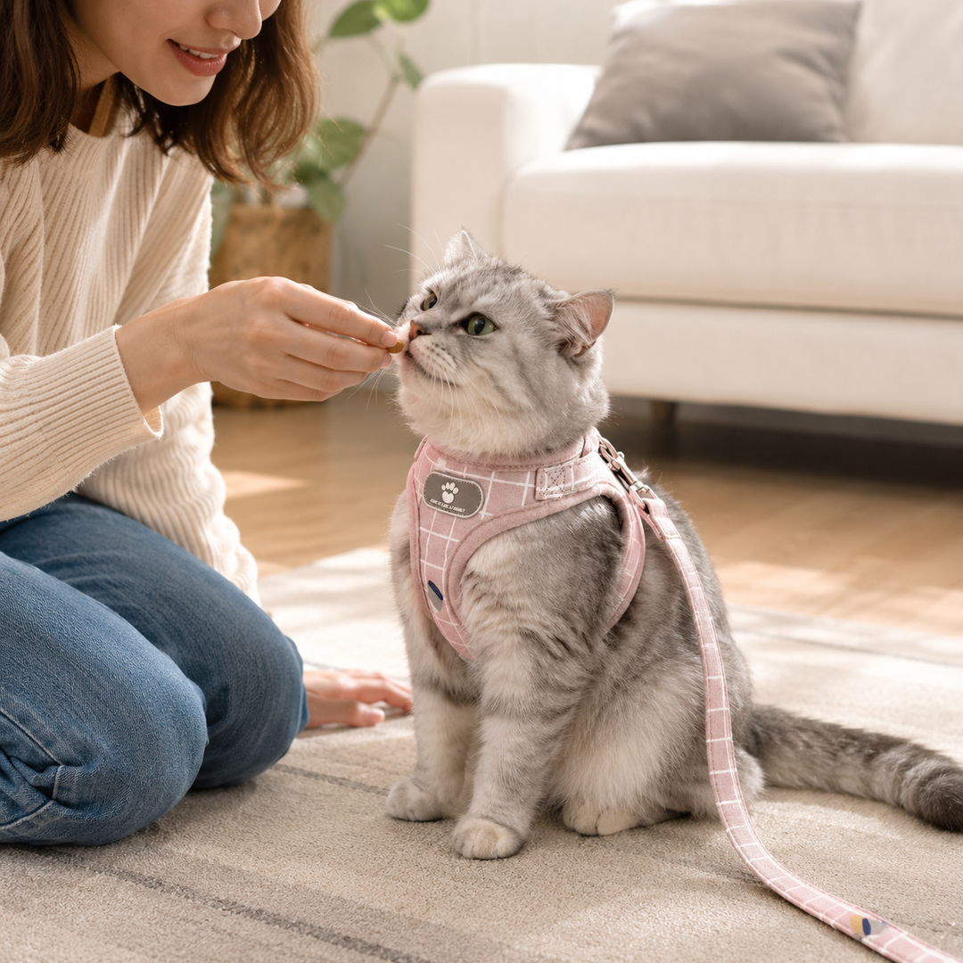 Vue de dos d'un chat en promenade avec son harnais Comfort Flex sécurisé et ajustable.