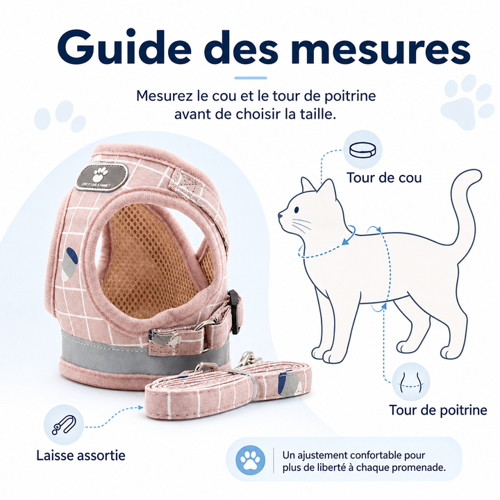 Harnais de sécurité pour chat avec bandes réfléchissantes, assure visibilité et sécurité en promenade.