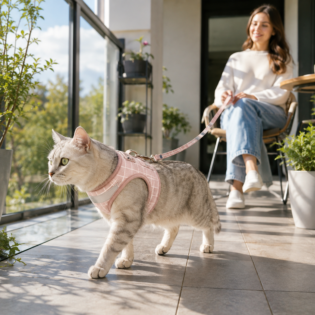 Harnais pour chat durable, offrant confort, sécurité et une excellente visibilité pour les promenades.