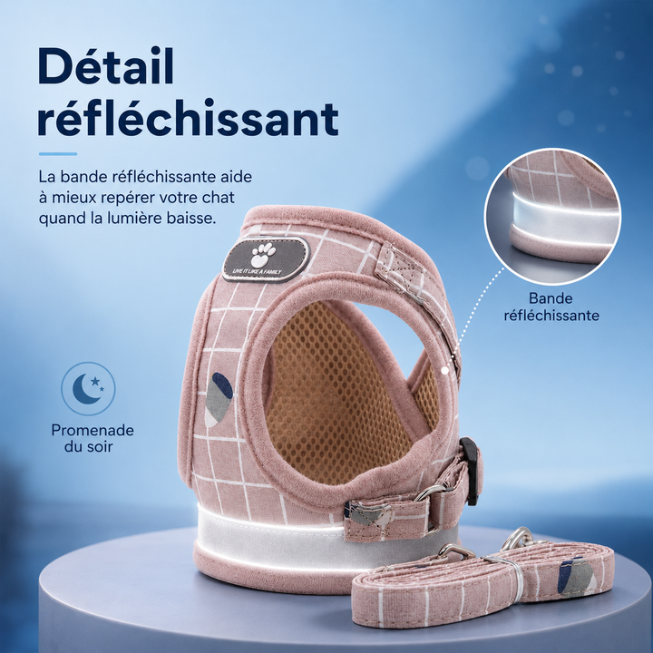 Design ergonomique du harnais chat, conçu pour la sécurité, le confort et la liberté de mouvement.