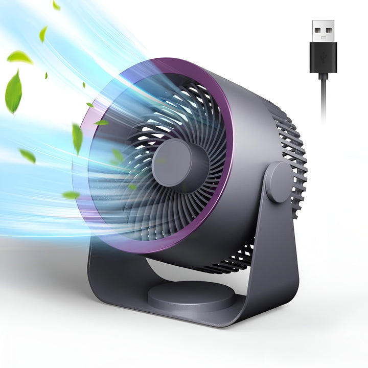 Ventilateur de table oscillant compact, idéal pour rafraîchir bureau et maison durant l'été.