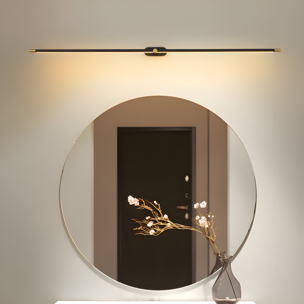 Luminaire mural LED design linéaire noir/doré, idéal pour éclairage de couloir.