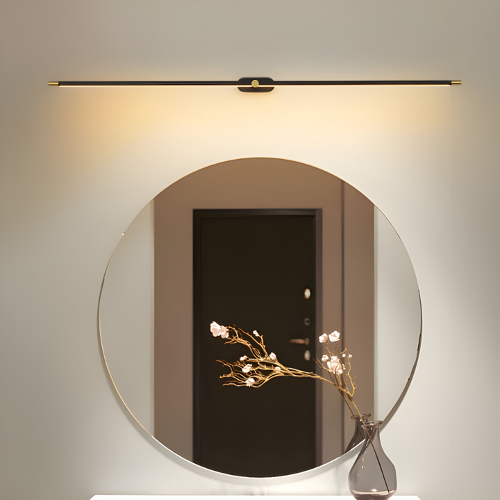 Luminaire mural LED design linéaire noir/doré, idéal pour éclairage de couloir.
