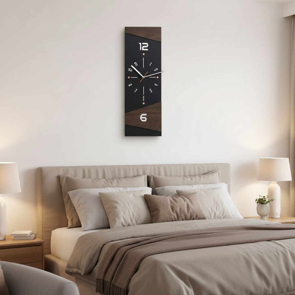 Vue rapprochée de l'horloge murale moderne et silencieuse, chiffres clairs. Parfaite pour salon ou bureau contemporain.