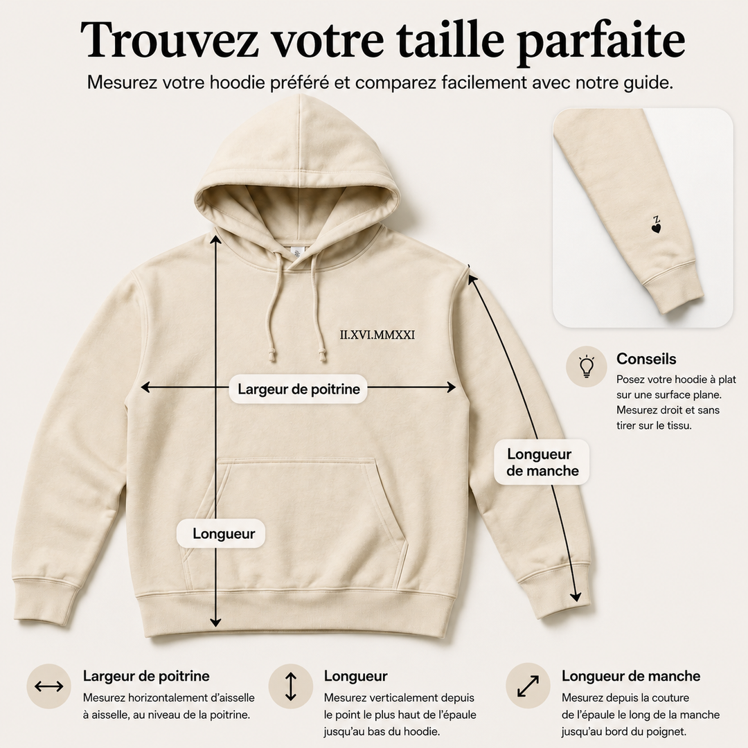 Sweats à capuche assortis pour couple, personnalisables avec date en chiffres romains.