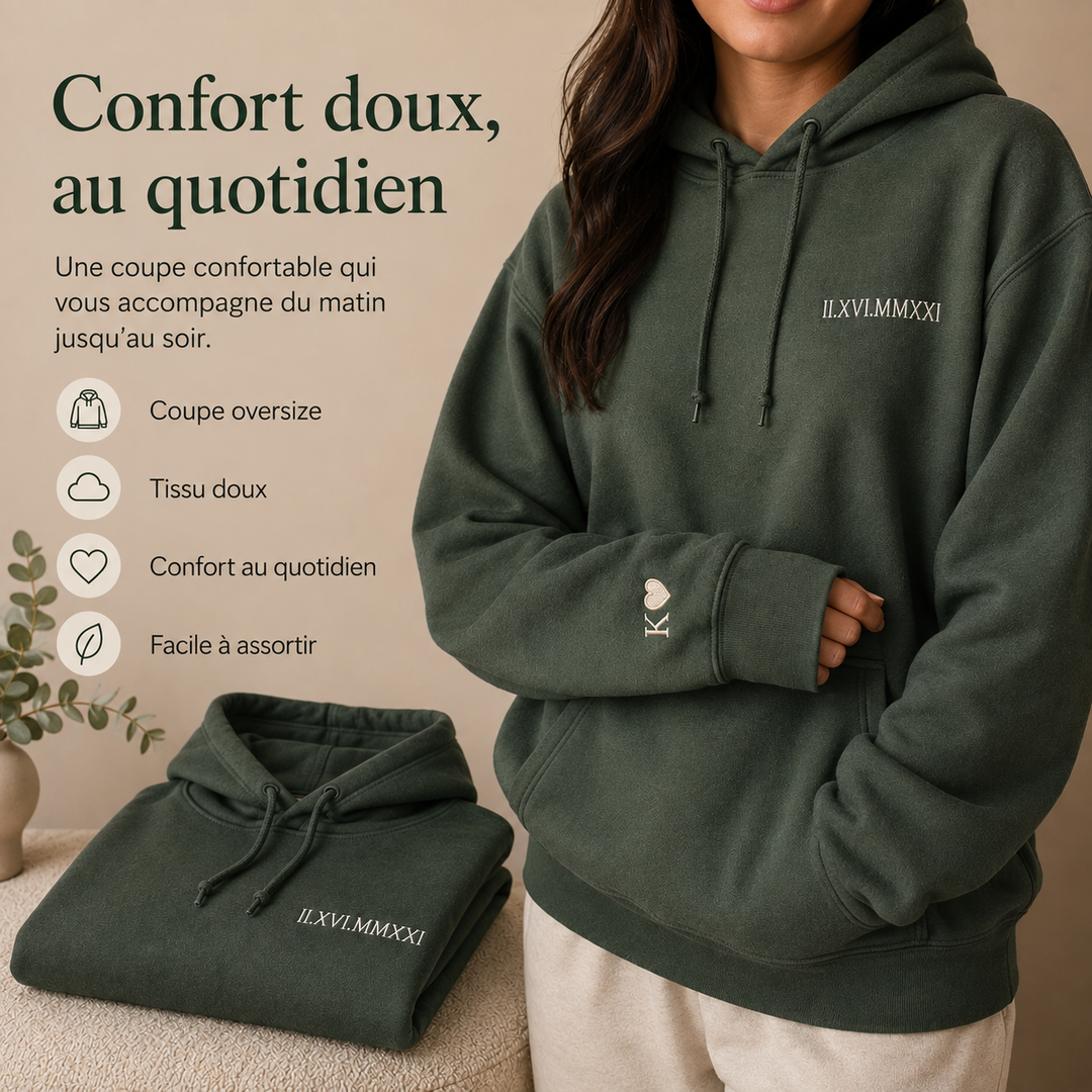 Vêtements couples personnalisés avec broderie chiffres romains, pour lui et elle.