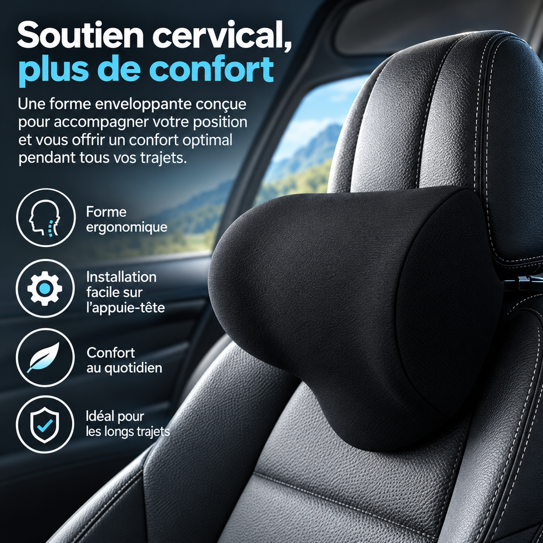 Coussin ergonomique auto, confort dos et cervical pour longs voyages.