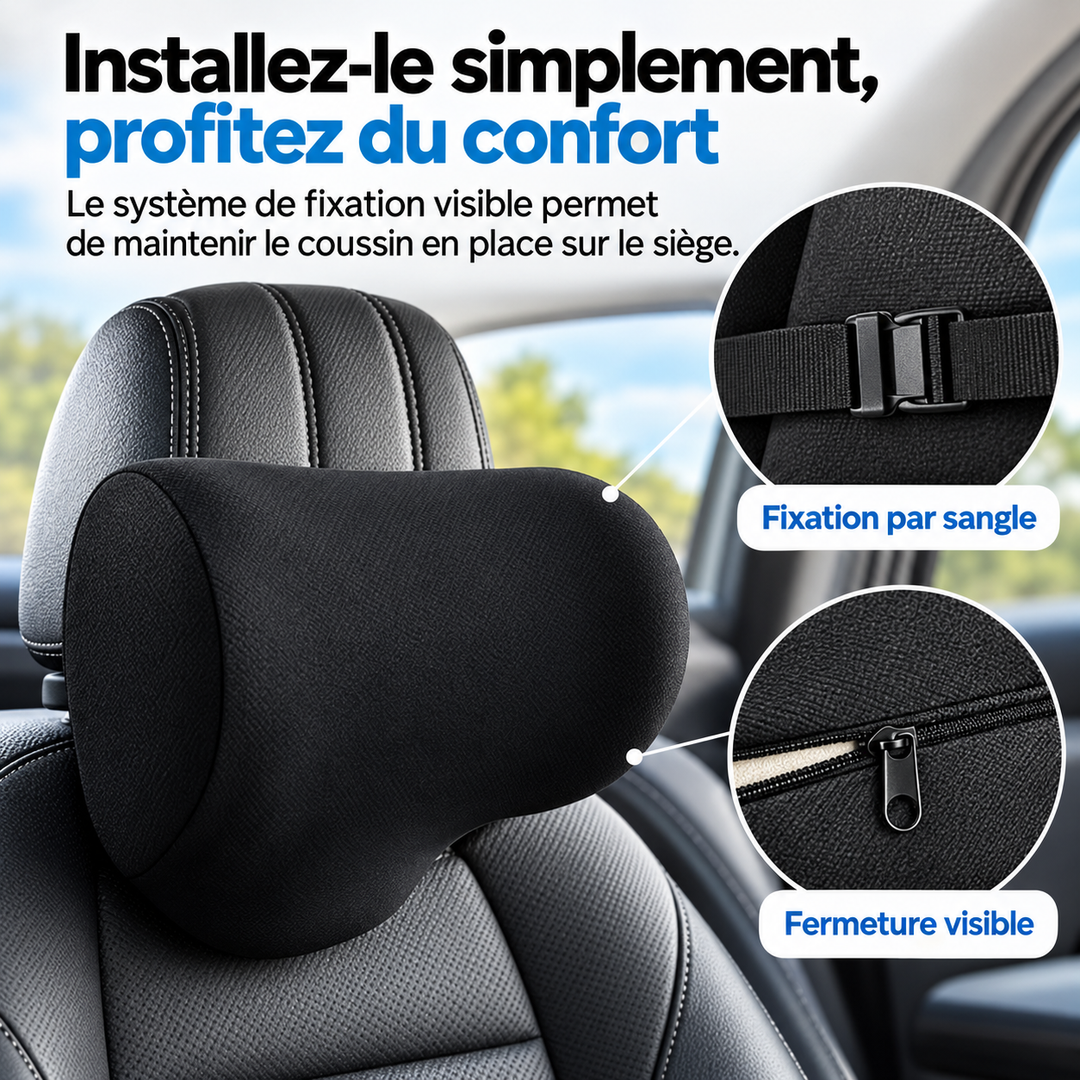 Coussin de siège voiture ergonomique, soulage le dos et les cervicales.