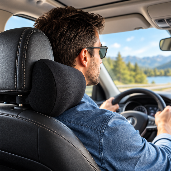 Coussin de voyage orthopédique pour voiture, support lombaire et cervical.