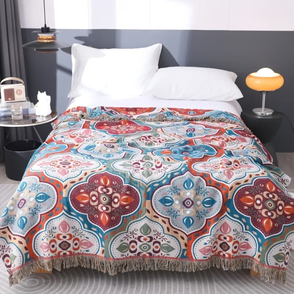 Jeté de lit/canapé en coton doux, motif mosaïque bohème avec pampilles. Accessoire de décoration intérieure confortable.