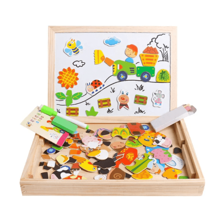 Jouet éducatif Montessori durable en bois écologique pour enfants : tableau magnétique et noir portable.