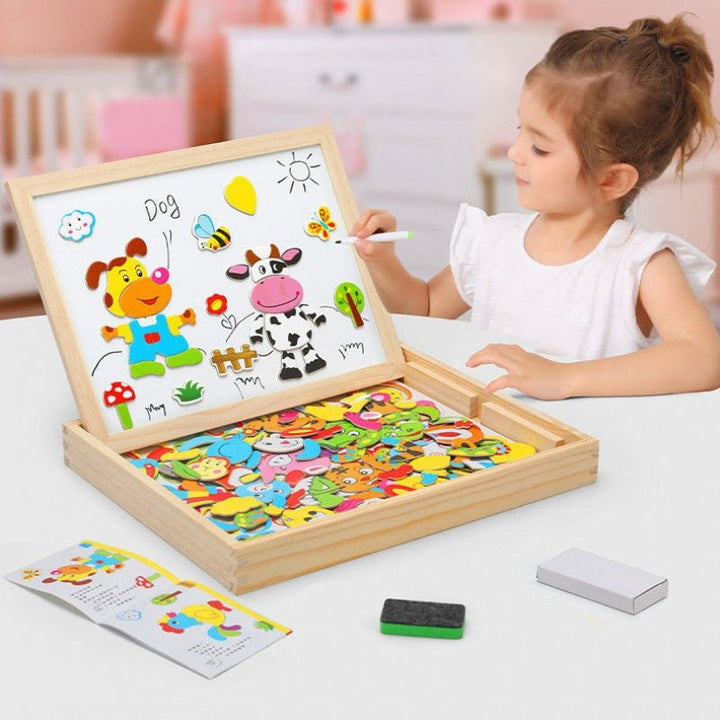 Tableau d'apprentissage Montessori pour enfants : double face, magnétique pour lettres et tableau noir pour dessins.