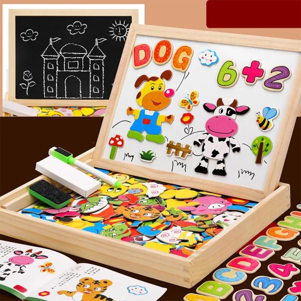 Jouet Montessori portable en bois pour enfants, un tableau magnétique et noir pour l'éveil et la créativité.