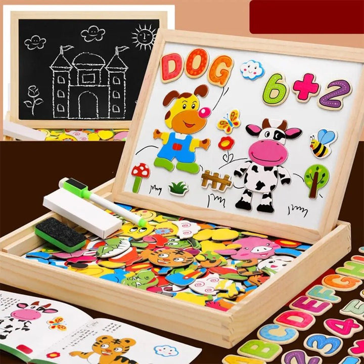 Jouet Montessori portable en bois pour enfants, un tableau magnétique et noir pour l'éveil et la créativité.
