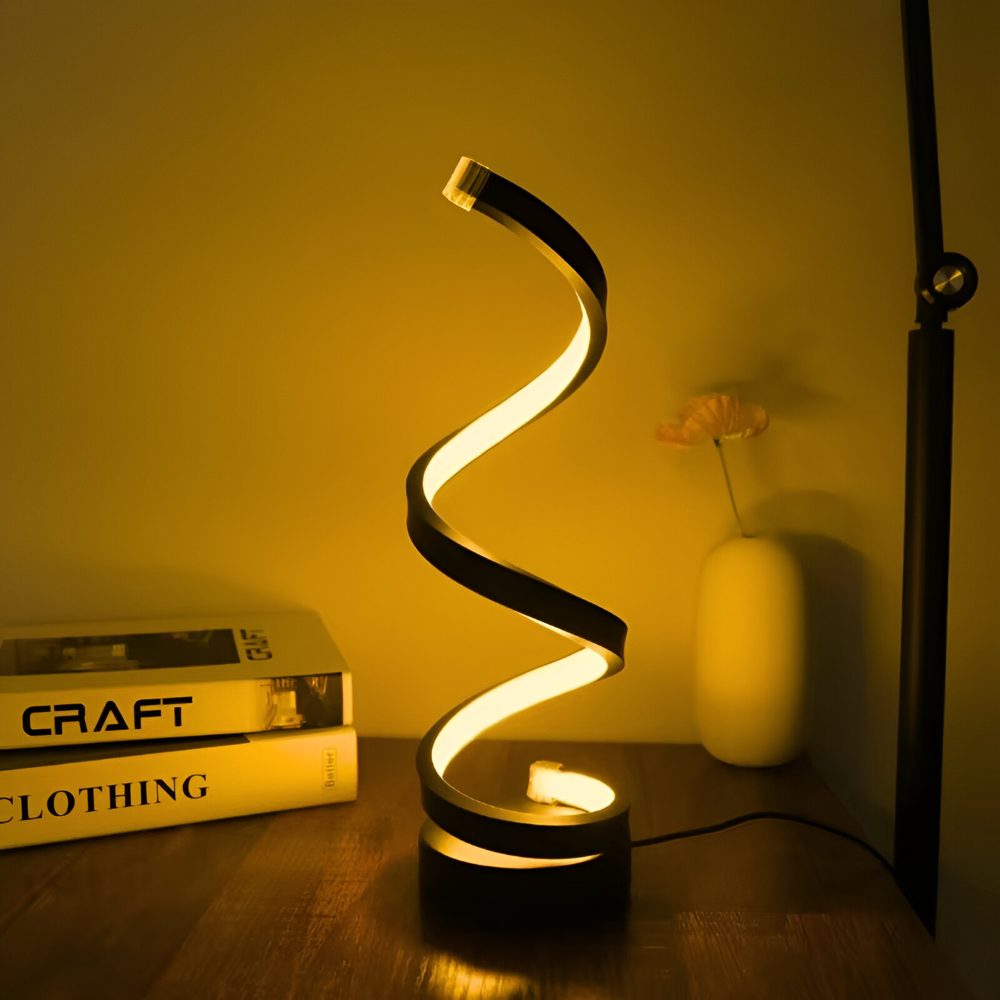Lampe de bureau LED spirale noire, design moderne élégant, lumière réglable 3 couleurs.