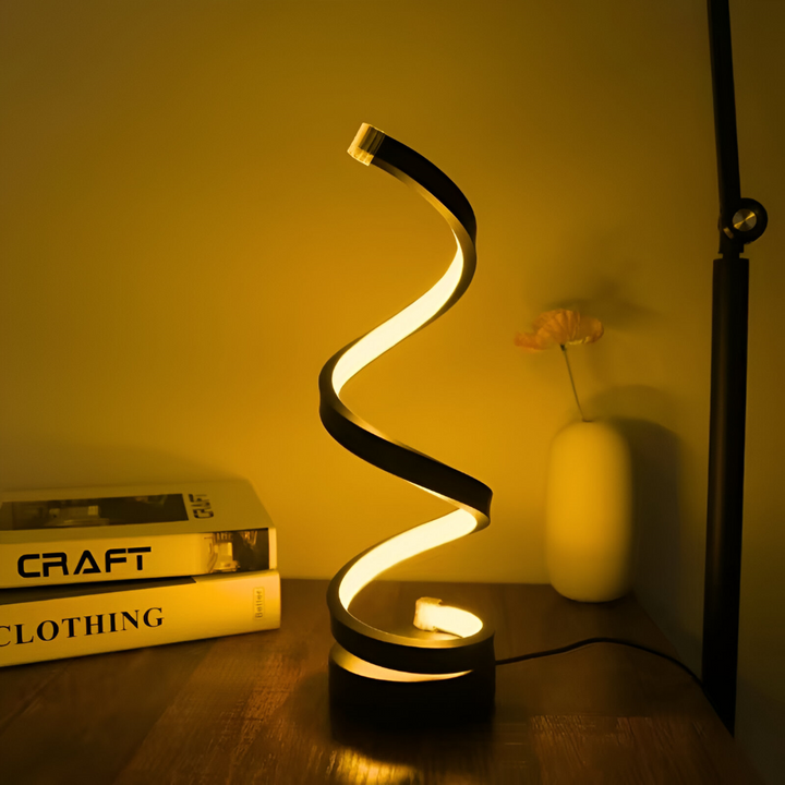 Lampe de bureau LED spirale noire, design moderne élégant, lumière réglable 3 couleurs.