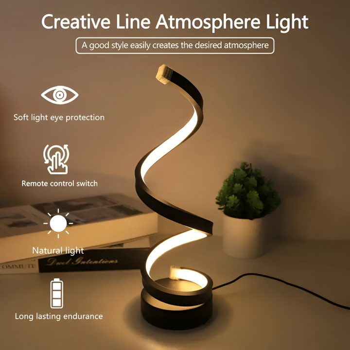 Lampe LED spirale noire avec réglage de lumière 3 couleurs, design moderne pour votre bureau.