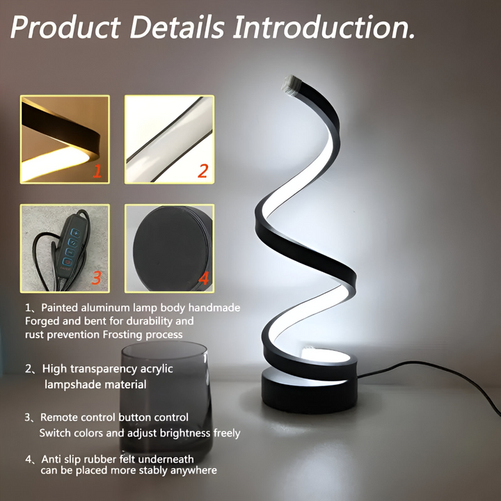 Lampe décorative LED spirale noire, éclairage d'ambiance ajustable, idéale comme veilleuse.