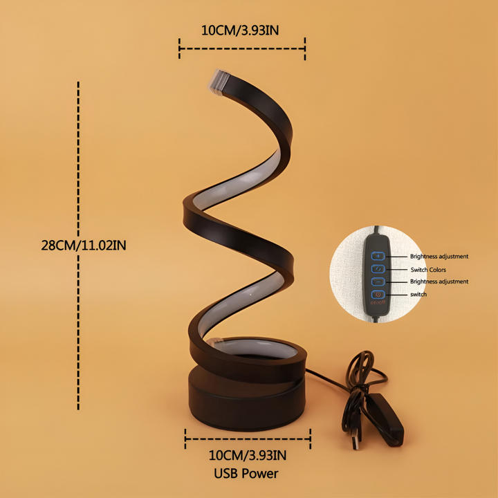 Lampe de bureau LED spirale pour confort visuel, lumière ajustable 3 couleurs, design noir élégant.