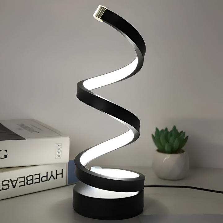 Lampe de bureau LED spirale noire, alimentation USB, lumière ajustable 3 couleurs, design élégant.