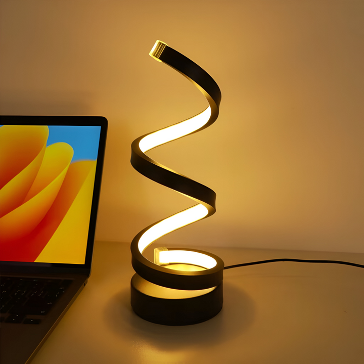 Élégante lampe LED spirale pour bureau, lumière réglable 3 couleurs, design moderne noir.