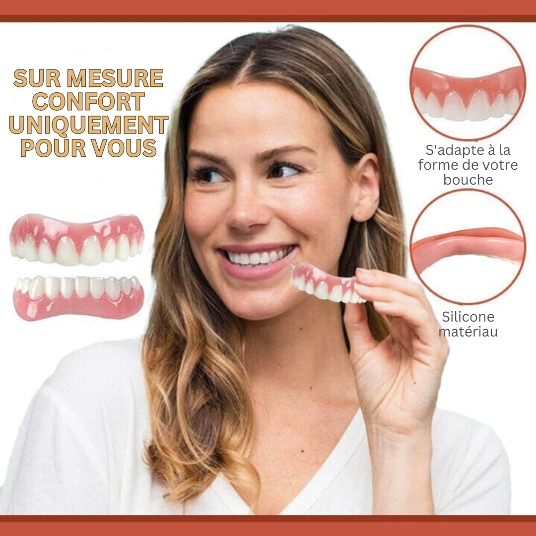 Doublure SmileGuard pour prothèses dentaires, réduisant la douleur et l'irritation des gencives au quotidien.