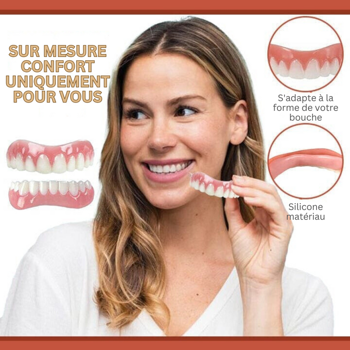 Doublure SmileGuard pour prothèses dentaires, réduisant la douleur et l'irritation des gencives au quotidien.