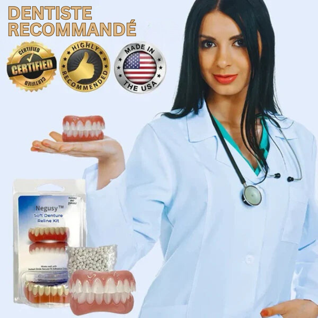 Doublure SmileGuard en silicone offrant stabilité et ajustement précis aux prothèses dentaires pour un confort optimal.