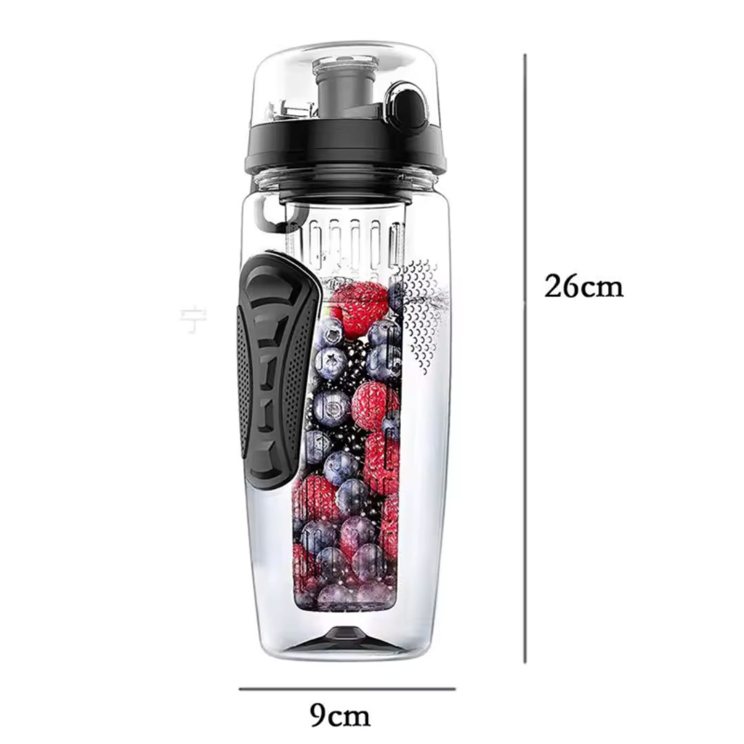 Remplissez-vous d'énergie avec la bouteille AquaLuxe 1000ml, infuseur de fruits, eau saine et écologique.