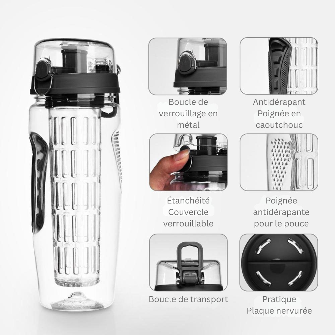 Bouteille d'eau AquaLuxe 1000ml pour sport, infuseur intégré, idéale pour hydratation portable et eau fruitée.