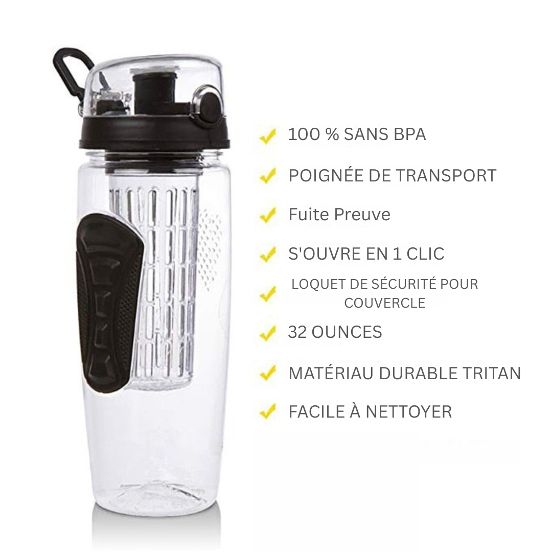Gourde infuseur de fruits AquaLuxe 1000ml sans BPA, écologique pour une hydratation pure et saine.