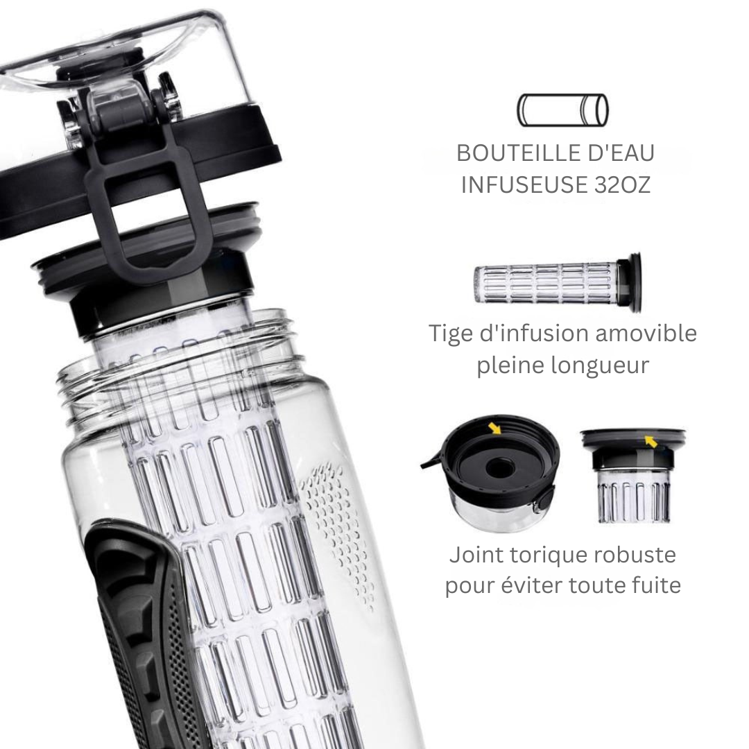 Bouteille réutilisable AquaLuxe 1000ml, infuseur de fruits, parfaite pour eau aromatisée, sport & bureau.
