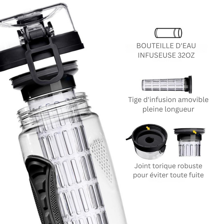 Bouteille réutilisable AquaLuxe 1000ml, infuseur de fruits, parfaite pour eau aromatisée, sport & bureau.