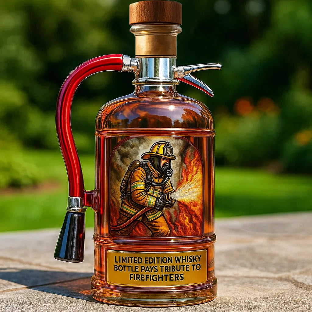 Bouteille de spiritueux thème pompier, commémorant l'héroïsme, objet de collection ou cadeau unique.