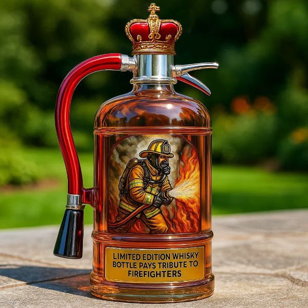 Cadeau unique : bouteille whisky décorative, hommage aux pompiers héroïques, symbolisant courage.