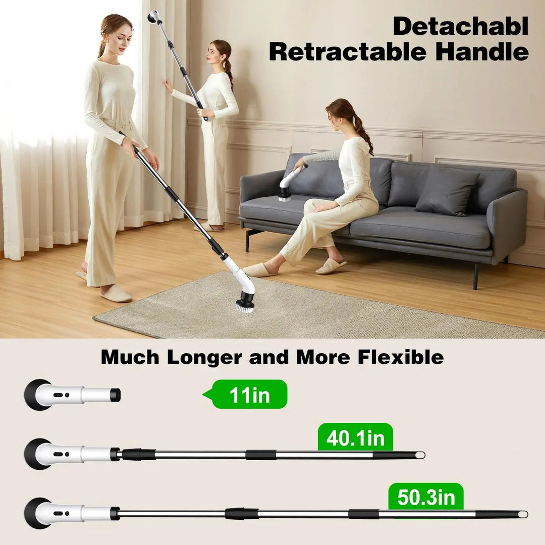 Brosse rotative rechargeable SCRUBIXA pour un nettoyage puissant et continu sans contrainte de fil.