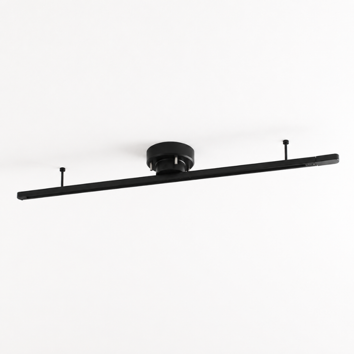 Rail d'éclairage suspendu, design minimaliste, spots et suspensions pour ambiance moderne salon.